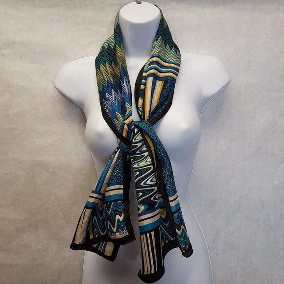 Adrienne Landau Scarf 100% Silk Geometric Brown White Aqua Blue Cravat 52" x 11" - Picture 3 of 14
